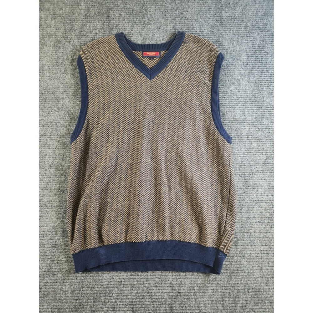 Austin Reed London Mens Medium V-Neck Sweater Vest Herringbone Navy Tan Knit